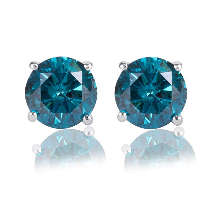 3/4 Carat Premium Blue Diamond Solitaire Screw Back Stud Earrings Pair in 14k