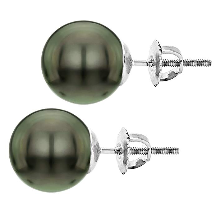 14k White Gold Round Black Tahitian Cultured High Luster AAA Pearl Screw-back Stud Earrings