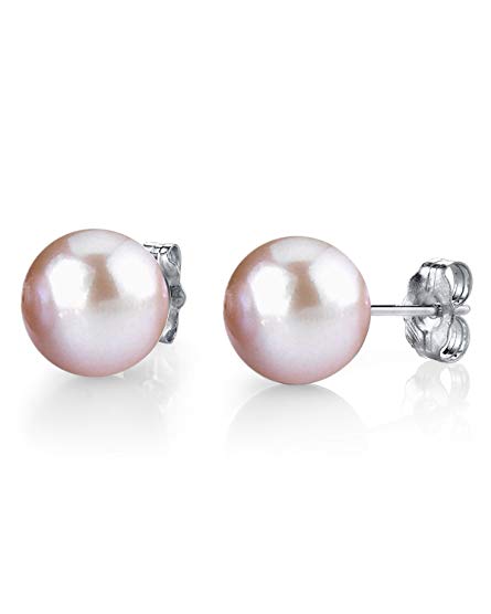 THE PEARL SOURCE 14K Gold 9-10mm AAAA Quality Round Pink Freshwater Cultured Pearl Stud Earrings for Women