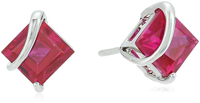 10k White Gold Princess Cut 6mm Created Ruby Swirl Stud Earrings