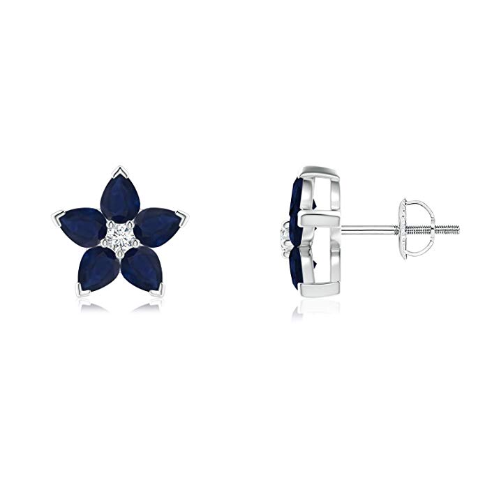 V-Prong Set Sapphire and Diamond Flower Stud Earrings (4x3mm Blue Sapphire)