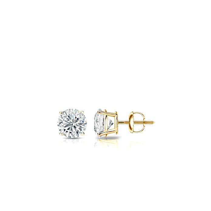 18k Yellow Gold 4-Prong Basket Round Diamond Stud Earrings (1/6-2 ct, O.White, I2-I3) Screw-Back