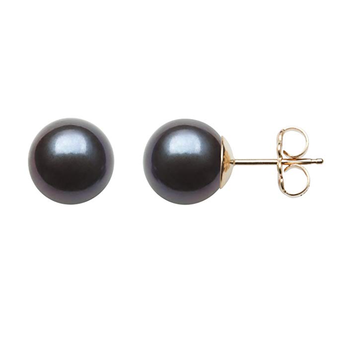 14K Gold AAA Quality Round Black Cultured Freshwater Pearl Stud Earrings