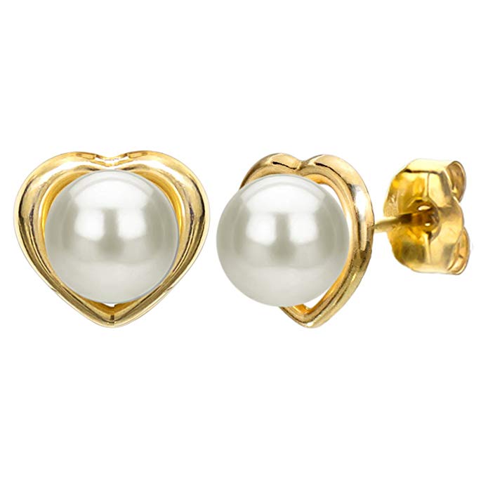 14k Yellow Gold Heart Shape 5-5.5mm Round White Freshwater Cultured Pearl Stud Earrings