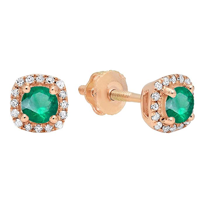 10K Rose Gold 3.5 MM Each Round Gemstone & White Diamond Ladies Halo Style Stud Earrings