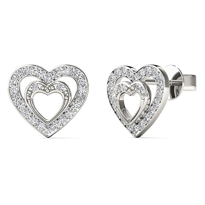 JewelAngel Women's 10K White Gold 1/8 Carat TDW Diamond Double Heart Stud Earrings (H-I, I1-I2)