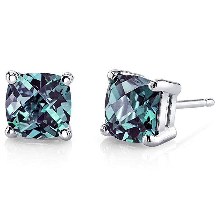 14 Karat White Gold Cushion Cut 2.50 Carats Created Alexandrite Stud Earrings