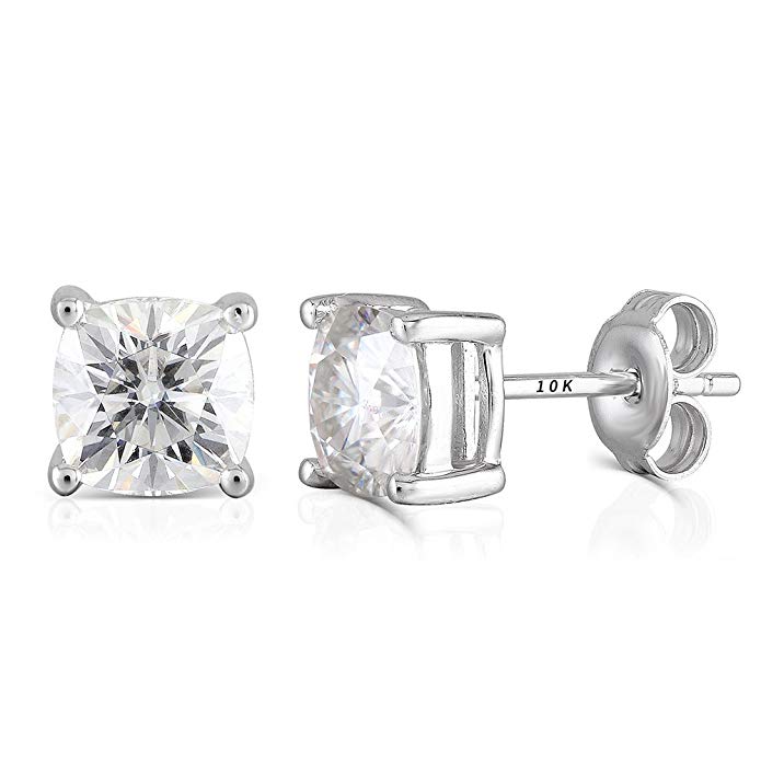 10K White Gold Post 2.2CTW 6MM H color Cushion Cut Moissanite Simulated Diamond Stud Earrings Platinum Plated Silver Push Back