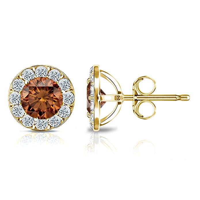 14k Yellow Gold Halo Round Brown Diamond Stud Earrings (1/2 cttw, Brown, H-I color, SI1-SI2 clarity)