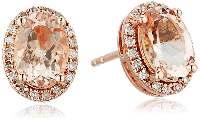 14k Rose Gold Oval Morganite and Diamond Halo Stud Earrings (1/8 cttw, H-I Color, I1-I2 Clarity)