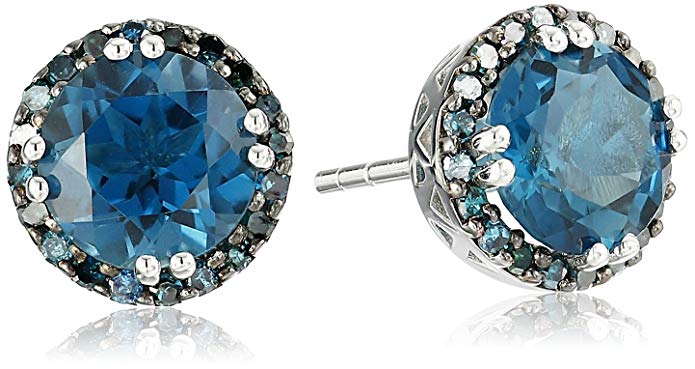 Sterling Silver London Blue Topaz and Blue Diamond Halo Stud Earrings (1/3cttw, I-J Color, I2-I3 Clarity)