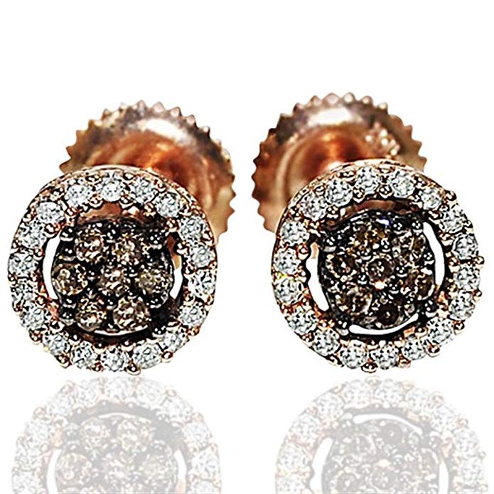 Rose Gold Cognac White Diamond Earrings Screw Back 7mm 0.25cttw W Round(1/4cttw)