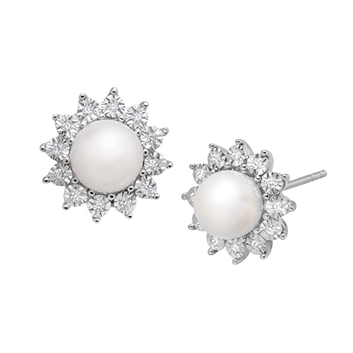 Freshwater Cultured Pearl and 1/8 ct Diamond Stud Earrings in 14K White Gold