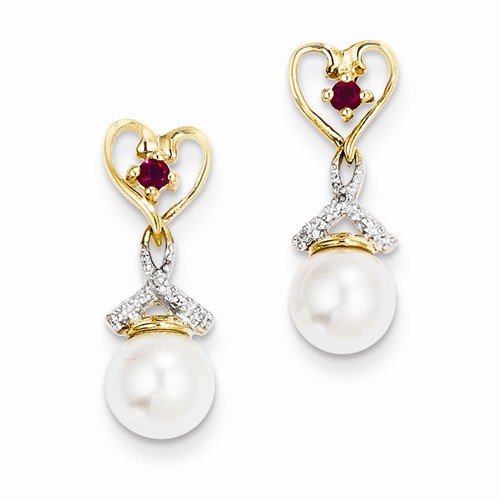 Solid 14k Yellow Gold Diamond and FW Cultured Pearl & Created Simulated African Red Simulated Ruby Post Earrings (.01 cttw.) (20mm x 7mm)