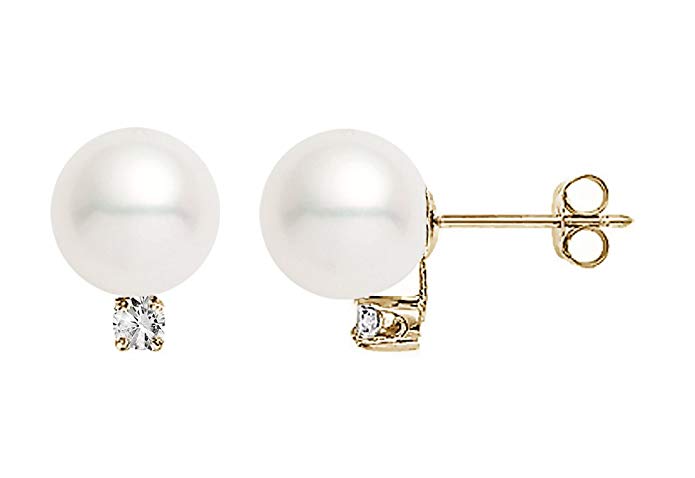 14k Yellow Gold AAAA Quality Japanese Akoya Cultured Pearl Diamond Stud Earrings