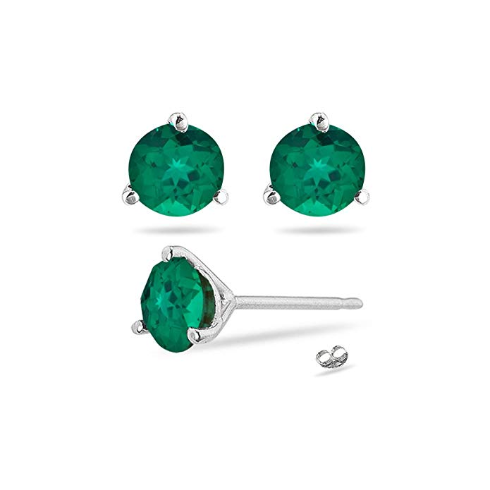 1.30-1.92 Cts of 6 mm AAA Round Russian Lab Created Emerald Stud Earrings Martini-set in 14K White Gold-Screw Backs