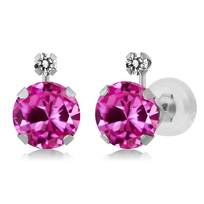 2.07 Ct Round Pink Created Sapphire White Diamond 14K White Gold Earrings