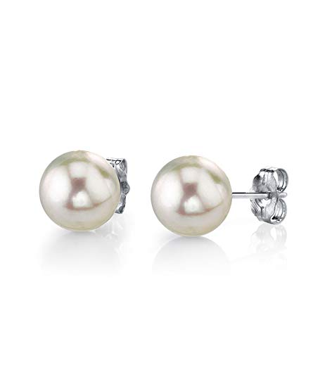 THE PEARL SOURCE 14K Gold 8-8.5mm Round White Akoya Cultured Pearl Stud Earrings for Women