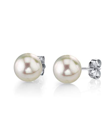 THE PEARL SOURCE 14K Gold Round White Akoya Cultured Pearl Stud Earrings for Women