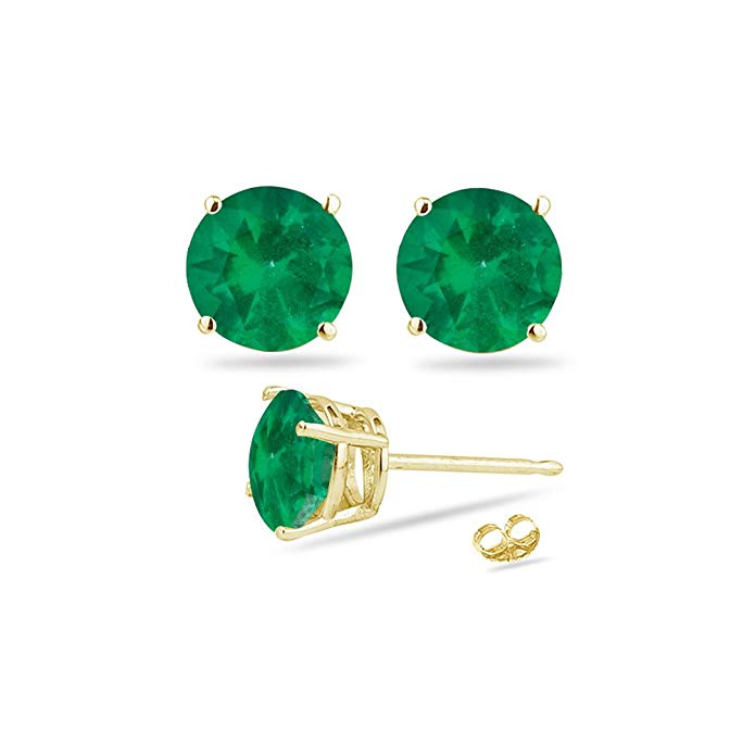 0.61-0.95 Cts of 5 mm AA Round Natural Emerald Stud Earrings in 14K Yellow Gold
