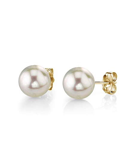 THE PEARL SOURCE 14K Gold AAA Quality Round White Akoya Cultured Pearl Stud Earrings for Women