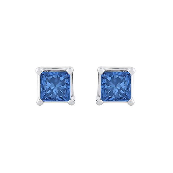 Blue - I1 Princess Cut Diamond Earring Studs in 14K Gold