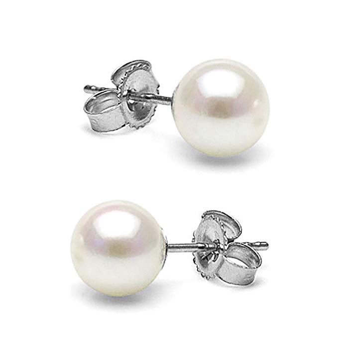 14K Cultured White Japanese Akoya Pearl Stud Earrings, AA+ Quality (white-gold, 6.5-7.0mm)