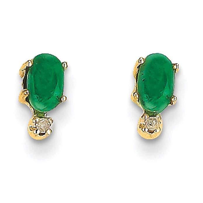 14K Yellow Gold Emerald May Stone & Diamond Post Earrings