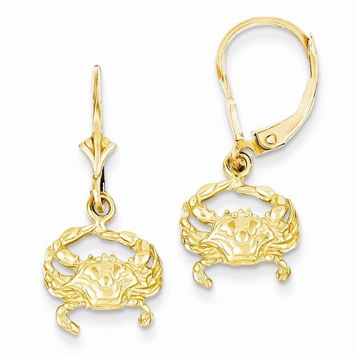 Solid 14k Yellow Gold Blue Crab Leverback Earrings (30mm x 12mm)