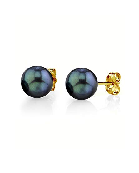 THE PEARL SOURCE 18K Gold 7-7.5mm AAA Quality Round Black Akoya Cultured Pearl Stud Earrings for Women