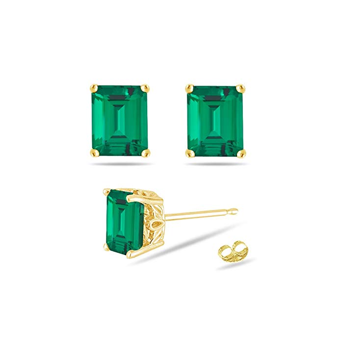 0.40-0.60 Cts of 5x3 mm AAA Emerald Lab Created Emerald Scroll Stud Earrings in 14K Yellow Gold