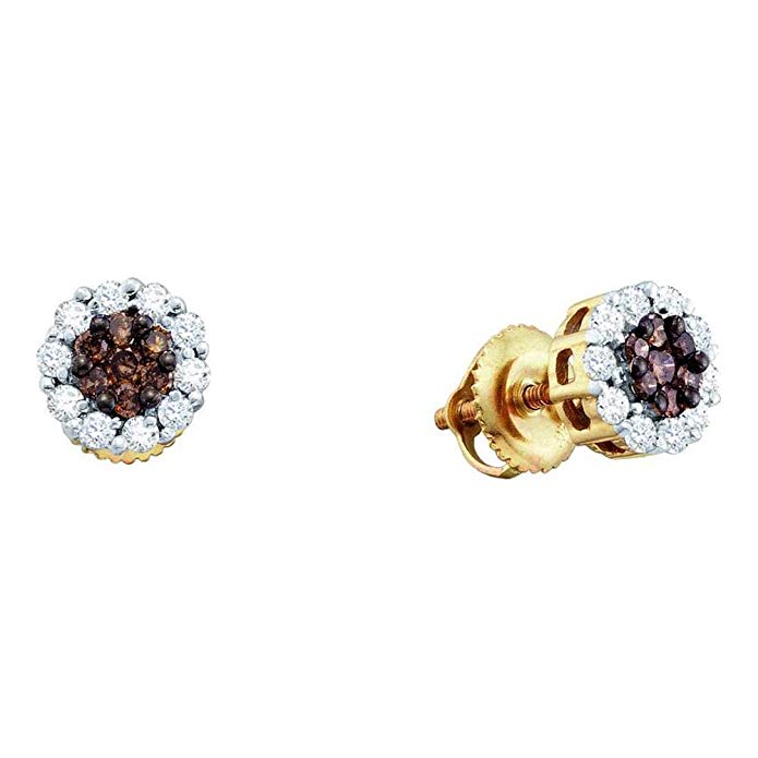 14k Yellow Gold Brown Chocolate and White Round Diamond Stud Earrings - 7mm Height * 7mm Width (1/2 cttw)