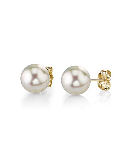 THE PEARL SOURCE 18K Gold 6-6.5mm AAA Quality Round White Akoya Cultured Pearl Stud Earrings for Women