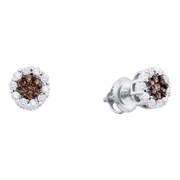 14k White or Yellow Gold Brown Chocolate and White Round Diamond Stud Earrings - 7mm Height 7mm Width (1/2 cttw)