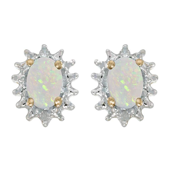 10k Yellow Gold Oval Opal And Diamond Earrings