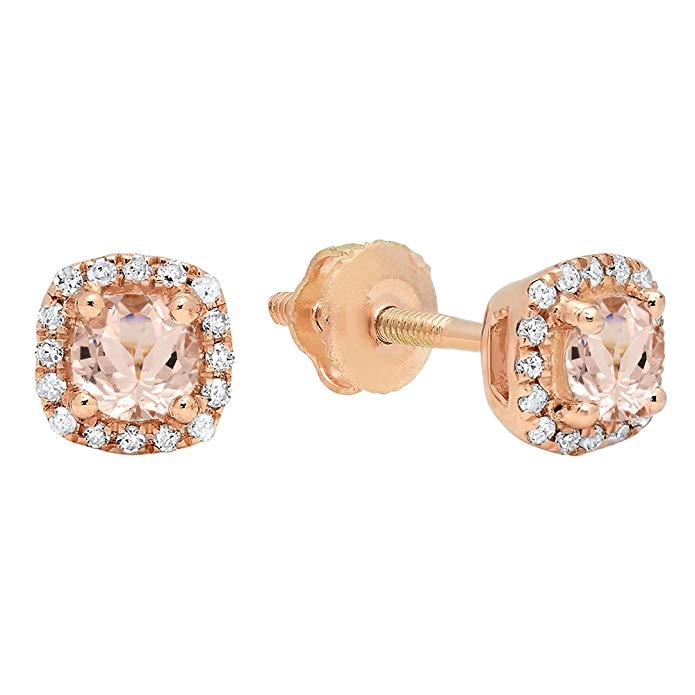 14K Rose Gold 3.5 MM Each Round Gemstone & White Diamond Ladies Halo Style Stud Earrings