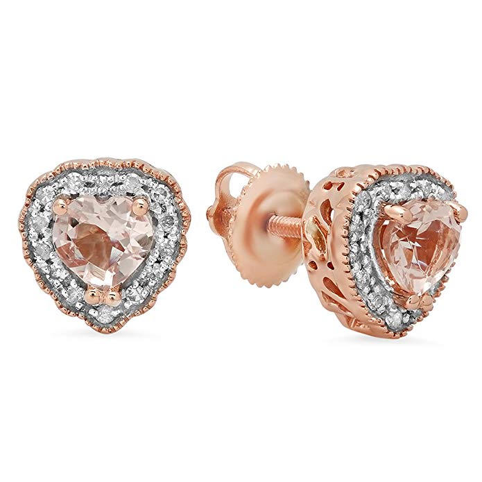 10K Rose Gold Heart Shaped Morganite & Round White Diamond Ladies Halo Stud Earrings