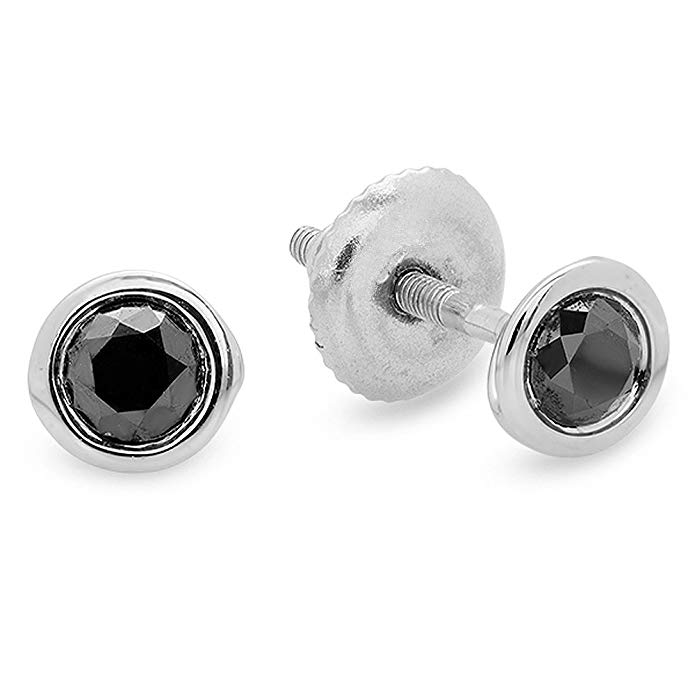 0.50 Carat (ctw) Sterling Silver Black Round Diamond Screwback Bezel Set Stud Earrings 1/2 CT