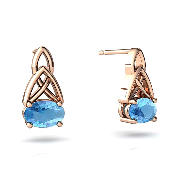 14kt Gold Blue Topaz 6x4mm Oval Celic Trinity Knot Earrings