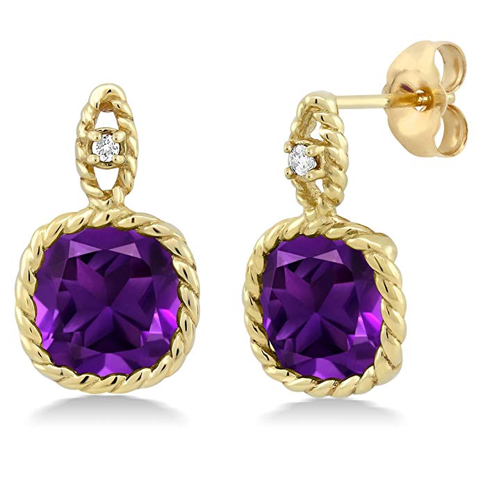 Amethyst and Diamond 10K Yellow Gold 4.00 Cttw 8mm Cushion Gemstone Birthstone Cable Halo Stud Earrings