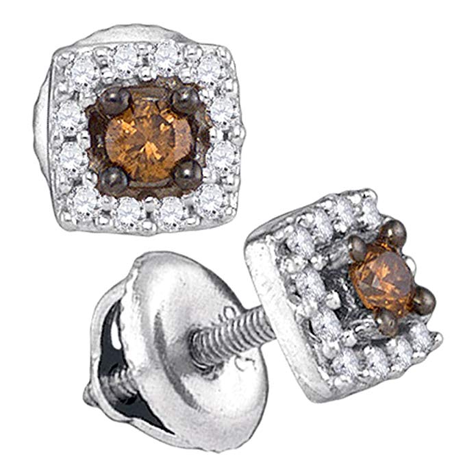 10K White Gold Solitaire Shape Halo Studs Channel Set Chocolate Brown & White Diamond Earrings (1/4 cttw.)