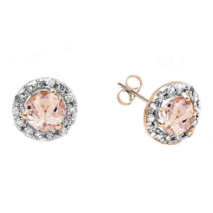 14K Rose Gold Round Morganite & White Diamond Ladies Halo Style Stud Earrings