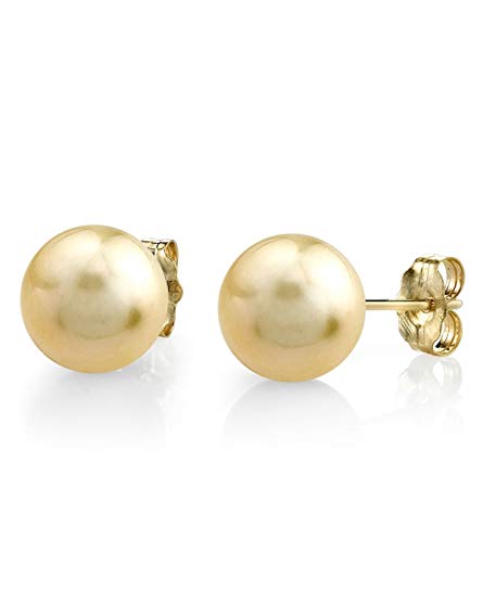 14K Gold Golden South Sea Cultured Pearl Stud Earrings - AAAA Quality