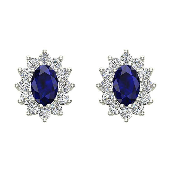 Blue Sapphire Diamond Stud Earrings Classic Oval Cut 14K Gold 1.50 cttw