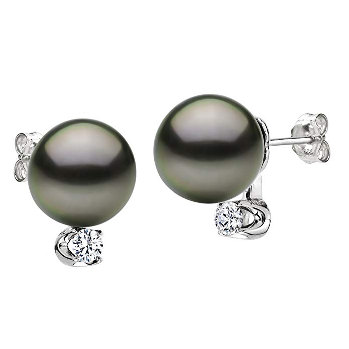 14K White Gold and 1/10cttw Diamond Stud Earrings with Round Black Tahitian Cultured Pearl