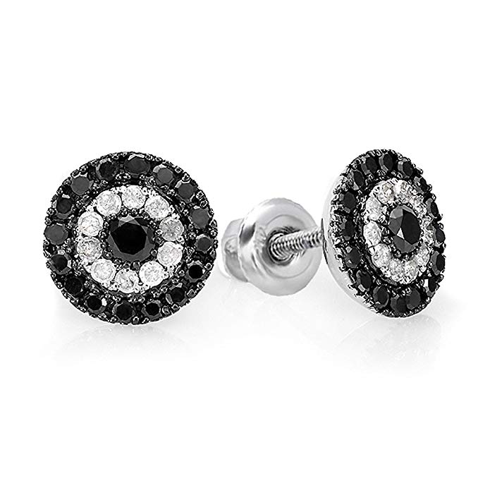 1.00 Carat (ctw) Sterling Silver Black & White Round Cut Diamond Circles Stud Earrings 1 CT