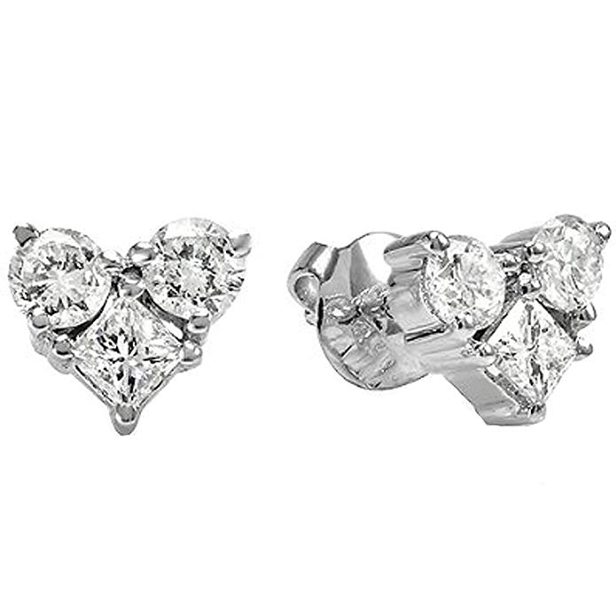 1.00 Carat (ctw) 14K White Gold Round & Princess White Diamond Heart Shaped Stud Earrings