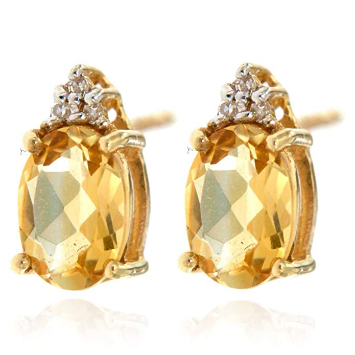 14k Yellow Gold Yellow Citrine Gemstone and Diamond Stud Earrings, Birthstone of November