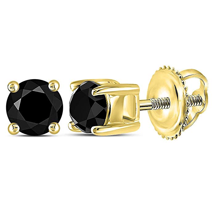 14K White Gold Round Cut Black Diamond - Classic Traditional 1 One Single Stone Solitaire Shape Prong Set Studs Earrings with Secure Screw Back Closure - (1/2 cttw.)