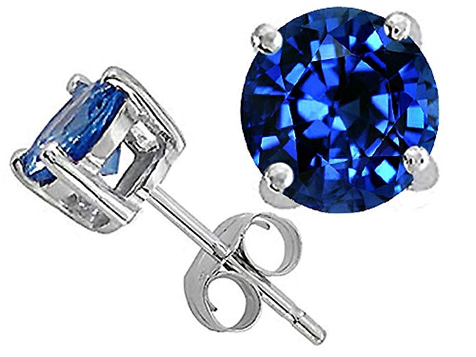 Tommaso Design 7mm Round Created Sapphire Earrings Studs 14kt Gold